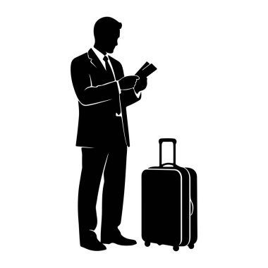 Takım elbiseli ve kravatlı bir işadamının siyah silueti elinde tuttuğu belgeye bakıyor. Yanında tekerlekli bavulun siyah bir silueti var. Arkaplan düz beyaz.