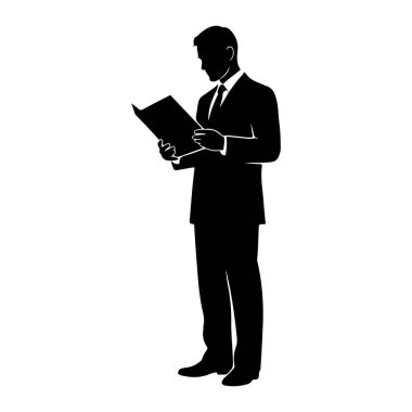 Takım elbiseli ve kravatlı bir adamın siyah silueti elinde bir belge tutuyor ve okuyor. Şekil tepeden tırnağa bembeyaz bir arkaplanda tasvir edilir..