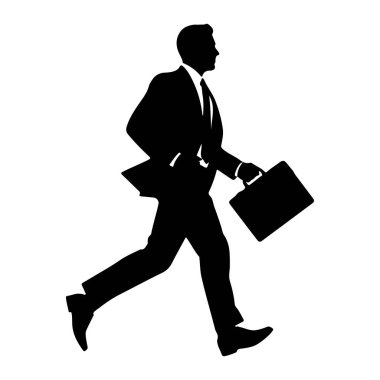Elinde evrak çantası tutarken koşan takım elbiseli ve kravatlı bir adamın siyah silueti tasvir ediliyor. Şekil profil olarak gösterilir, bir bacağı ileri doğru uzanır ve diğeri eğilir, bu da hareketi gösterir. Beyaz arkaplan, aşağıdaki katı karşıtlığı vurgular: 