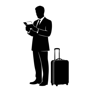 Takım elbiseli ve kravatlı bir iş adamının siyah silueti elinde duruyor ve belgeleri okuyor. Yanında yuvarlanan bir valiz var. Resim, beyaz arkaplanda basit bir grafik çizimi..