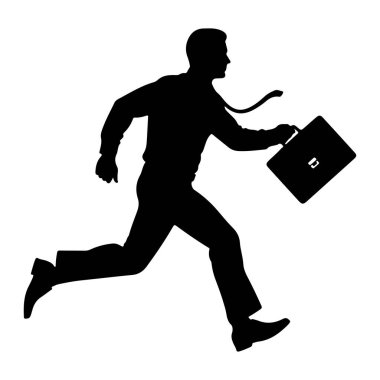 Elinde bir evrak çantasıyla koşan takım elbiseli ve kravatlı bir adamın siyah silueti tasvir ediliyor. Vücudu öne dönük, hareket ve hızı gösteriyor. Arkaplan düz beyaz.