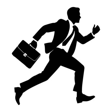 Takım elbiseli ve kravatlı bir işadamının siyah silueti sol elinde bir evrak çantasıyla öne doğru koşarken resmedildi. Sağ kolu geriye doğru uzanıyor ve bacakları koşuyor. Görüntü beyaz bir sırt üzerinde temiz ve izole bir grafiktir.