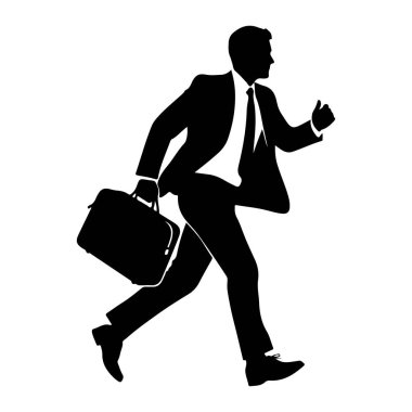 Takım elbiseli ve kravatlı bir adamın siyah silueti elinde bir evrak çantasıyla hareket halinde tasvir edilir. Vücudu öne dönük, bu da hız ve aciliyeti gösteriyor. Arka plan düz beyaz, figürü izole ediyor ve dinamik duruşunu vurguluyor..
