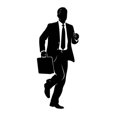 Takım elbiseli ve kravatlı bir adamın siyah silueti sol elinde bir evrak çantası tutarken ileri doğru koşarken görüntülenir. Şekil, dinamik duruşu ve resmi giysiyi vurgulayan katıksız beyaz bir arkaplan üzerine tasvir edilmiştir..