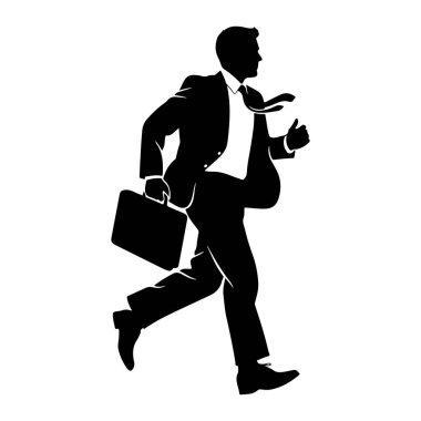Profilde, sol elinde evrak çantasıyla koşan takım elbiseli ve kravatlı bir işadamının siyah silueti tasvir ediliyor. Sağ kolu öne doğru uzanıyor ve bacakları hareket halinde. Görüntü, beyaz renkli, temiz ve grafik bir resimdir. 