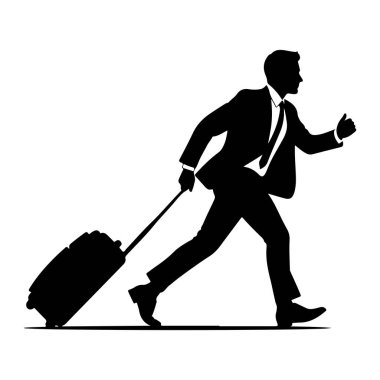 Takım elbiseli ve kravatlı bir işadamının siyah silueti yuvarlanan bir bavulla birlikte resmedildi. Sağ kolu başparmağı yukarıda ileri doğru uzanıyor, bu da acele ettiğini ya da olumlu bir hareket yaptığını gösteriyor. Şekil hareket halinde, bir bacağı önde ve...