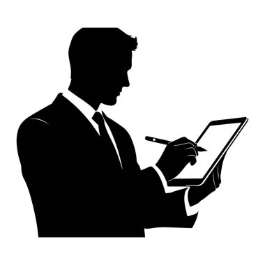 Takım elbiseli ve kravatlı bir işadamının siyah silueti göğüsten yukarı, elinde dijital bir tablet ile ekranda bir stil kullanarak gösteriliyor. Görüntü beyaz arkaplan ile temiz, grafik bir illüstrasyondur.