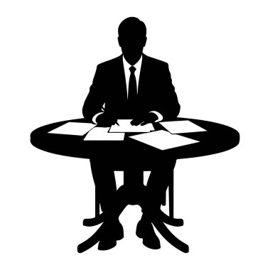 Takım elbiseli ve kravatlı bir işadamının siyah bir silueti yuvarlak bir masada, kalemle bir belgeye yazı yazıyor. Birkaç gazete daha masanın her tarafına dağıtıldı. Arkaplan beyaz.