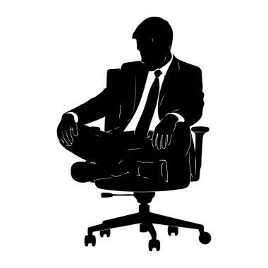 Takım elbiseli ve kravatlı bir adamın siyah silueti bacak bacak üstüne atmış bir şekilde ofis sandalyesinde oturuyor. Görüntü, temiz çizgileri ve beyaz arkaplanı olan minimalist bir vektör illüstrasyonudur. Şekil derin düşüncelere dalmış gibi görünüyor..