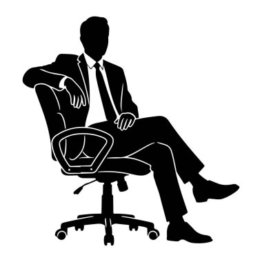 Takım elbiseli ve kravatlı bir adamın siyah silueti bir ofis sandalyesinde oturmaktadır. Bacak bacak üstüne atmış ve kolları sandalyenin kolluklarında dinleniyor. Sandalyenin tekerlekli tabanı ve yüksek bir sırtı var. Görüntü, a 'ya karşı basit, grafik bir gösterim 