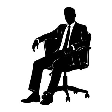 Takım elbiseli ve kravatlı bir adamın siyah silueti bir ofis sandalyesinde oturmaktadır. Sandalyenin tekerli tabanı ve kollukları var. Adamın bacakları çapraz ve elleri kolçakların üzerinde dinleniyor. Görüntü temiz, minimalist bir grafik çizimi.
