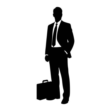 Takım elbiseli ve kravatlı bir adamın siyah silueti bir eli cebinde duruyor. Sol bacağının yanında bir evrak çantası duruyor. Arkaplan düz beyaz.