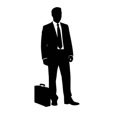 Beyaz arka planda takım elbiseli ve kravatlı bir adamın siyah silueti duruyor. O, yanında bir evrak çantası tutuyor. Görüntü, profesyonel bir bireyin basit ve grafik bir temsilidir..