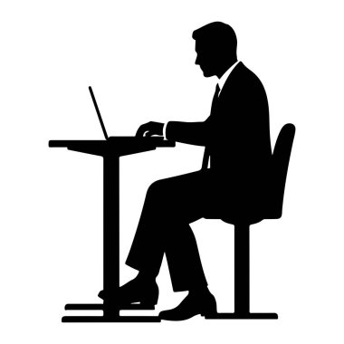 Takım elbiseli ve kravatlı bir adamın siyah bir silueti bir masada oturuyor ve dizüstü bilgisayarda yazıyor. O, elleri klavyenin üzerinde bir sandalyeye oturmuş ve bakışları ekrana yönelmiştir. Masanın basit bir tasarımı var, ve arka planı düz beyaz..