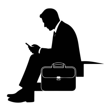 Takım elbiseli ve kravatlı siyah bir işadamı silueti basamaklarda oturmuş akıllı telefonuna bakıyor. Onun yanındaki basamakta bir evrak çantası var. Arkaplan beyaz.