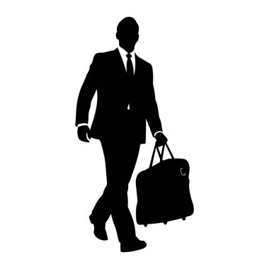 Takım elbiseli ve kravatlı siyah bir adam silueti bir parça bavul taşırken yürüyor. Şekil beyaz bir arkaplanda izole edilmiştir..