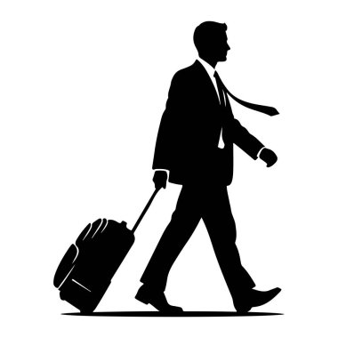 Takım elbiseli ve kravatlı bir adamın siyah silueti tekerlekli bavulu çekerken yürürken resmedilir. Bavul arkasında, beyaz bir arka plan ile profil gösterilir.