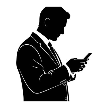 Takım elbiseli ve kravatlı bir adamın siyah silueti, yandan aşağıya bakıyor ve elinde bir akıllı telefon tutuyor. Parmakları sanki cihazla yazıyormuş ya da etkileşime girmiş gibi konumlanmış. Siluet beyaz bir arkaplanda yalın