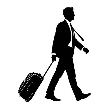 Takım elbiseli ve kravatlı siyah bir adam silueti soldan sağa doğru yürüyor, arkasında tekerlekli bir bavul taşıyor. Şekil, düz beyaz bir arkaplan üzerinde profille resmedilir. Adamın duruşu hareket ve amaç olduğunu gösteriyor..