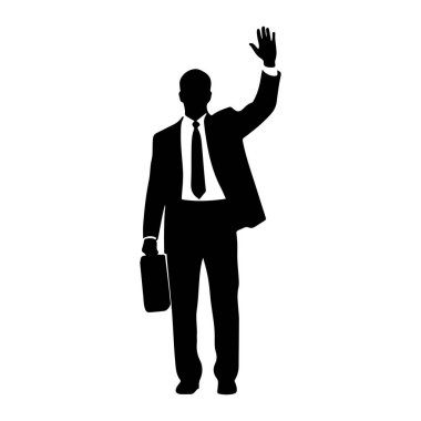Takım elbiseli ve kravatlı bir adamın siyah silueti beyaz arka planda duruyor. Sol elinde bir evrak çantası tutuyor ve el sallayarak sağ elini kaldırıyor. Bu figür tepeden tırnağa tasvir edilmiş, kıyafetinin ayrıntılarıyla..