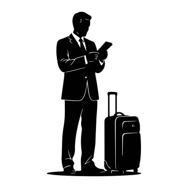 Takım elbiseli ve kravatlı bir iş adamının siyah silueti yuvarlanan bir bavulun yanında duruyor. Elindeki küçük bir elektronik alete bakıyor, muhtemelen bir telefon ya da tablet. Görüntü, beyaz bir arkası olan temiz ve grafik bir tasvir.