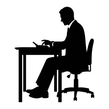 Takım elbise giyen ve kravat takan bir iş adamının siyah silueti hesap makinesi kullanarak masada oturur. O, elleri hesap makinesinin üzerine yerleştirilmiş bir ofis sandalyesinde oturuyor. Arkaplan düz beyaz.