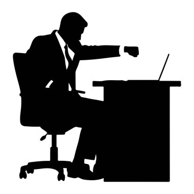 Takım elbiseli ve kravatlı bir iş adamının siyah silueti dizüstü bilgisayarlı bir masada oturuyor. Bir ofis sandalyesinde oturuyor ve aktif olarak bilgisayar üzerinde çalışıyor gibi görünüyor. Arkaplan düz beyaz.