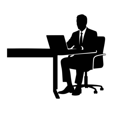 Takım elbiseli ve kravatlı bir iş adamının siyah silueti bir masada oturuyor ve dizüstü bilgisayarda yazıyor. Masa uzun ve sola doğru uzanıyor. İş adamı tekerlekli bir ofis sandalyesinde oturuyor. Arkaplan beyaz.