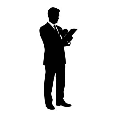 Takım elbiseli ve kravatlı bir adamın siyah silueti bir not defterine dolma kalemle yazılır. Şekil beyaz bir arkaplanda izole edilmiştir..