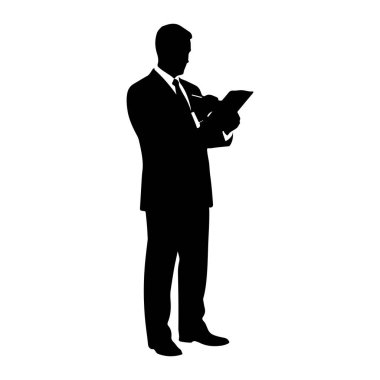 Takım elbiseli ve kravatlı bir adamın siyah silueti bir not defterine dolma kalemle yazılır. Resim beyaz bir arkaplanda izole edilmiştir.