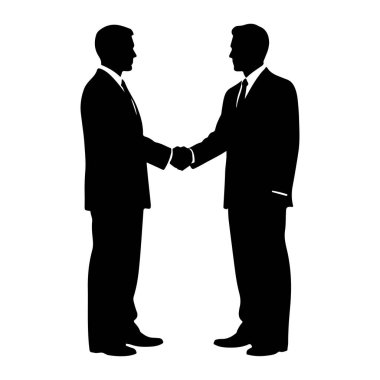Takım elbiseli iki siyah erkek silueti karşı karşıya el sıkışıyor. Arka plan beyaz. Resim bir iş anlaşmasını veya ortaklığı resmediyor.