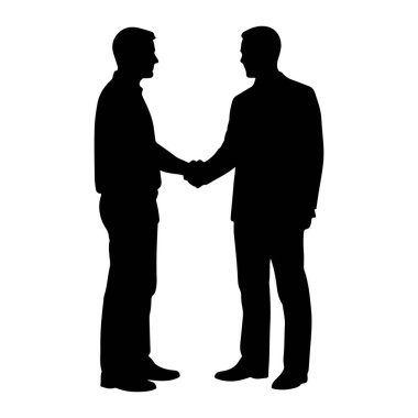 Beyaz arka planda el sıkışan iki adamın siyah silueti. Her iki erkek de resmi giyinmiş, biri takım elbise, diğeri gömlek ve pantolon giyiyor. Elleri görüntünün ortasına yapışıktır, bir anlaşmayı simgeler.