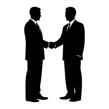 Takım elbiseli iki iş adamının siyah silueti beyaz bir arkaplanda el sıkışıyor. Rakamlar birbirine bakıyor ve elleri tokalaşıyor. Resmi kıyafetleri, kravatlar da dahil, siluette açıkça resmedilmiş..