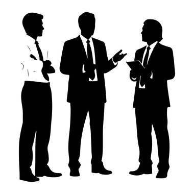 Takım elbiseli ve kravatlı üç siyah siluet beyaz arka planda duruyor. Soldaki adam kollarını kavuşturdu. Ortadaki adam sanki konuşuyormuş gibi el kol hareketi yapıyor. Sağdaki adam bir tablet tutuyor ve görünüşe göre... 