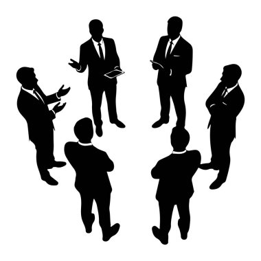Silüet içinde altı iş adamından oluşan bir grup, bir toplantıda veya tartışmada gibi görünen bir çember oluşturdu. Hepsi takım elbise ve kravat takıyor. Bir kişi elinde bir tablet tutuyor. Duruşları sohbet ve çatışma öneriyor..