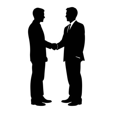 Resmi takım elbiseli iki adamın siyah silueti beyaz bir arkaplanda el sıkışıyor. Rakamlar belden yukarısına, elleri tokalaşmış olarak gösteriliyor. Bir adam sola bakıyor, diğeri sağa bakıyor..