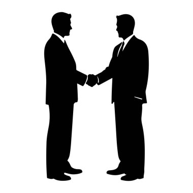 Takım elbiseli ve kravatlı iki adamın siyah bir silueti beyaz bir arkaplanda el sıkışıyor. Rakamlar birbirine bakıyor ve sağ elleri tokalaşıyor. Resmi kıyafetleri bir iş ya da profesyonel bağlamda olduğunu gösteriyor. Görüntü... 