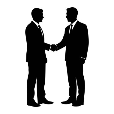 Takım elbiseli iki adamın siyah silueti beyaz bir arkaplanda el sıkışıyor. Rakamlar belden yukarısına, elleri tokalaşmış bir şekilde tasvir ediliyor. İki adam da kravat takıyor ve profilleri ortada. Görüntü bir duyu iletir
