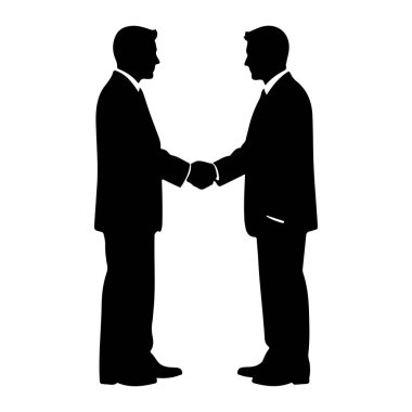 Takım elbiseli iki siyah erkek silueti karşı karşıya el sıkışıyor. Profilleri beyaz arka planda görülebilir. Resim, profesyoneller arasında resmi bir anlaşma veya selamlaşmayı resmediyor..