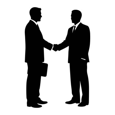Takım elbiseli iki iş adamının siyah silueti beyaz bir arkaplanda el sıkışıyor. Bir işadamı evrak çantası tutuyor. Resim, resmi bir anlaşma veya ortaklık tasvir ediyor.