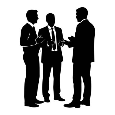 Takım elbiseli üç siyah siluet ayakta duruyor ve sohbet ediyorlar. Bir iş ortamında gibi görünüyorlar, muhtemelen bir projeyi tartışıyorlar ya da bir anlaşma yapıyorlar. Hareketleri aktif iletişim ve etkileşim olduğunu gösteriyor. Görüntü bir simülasyon