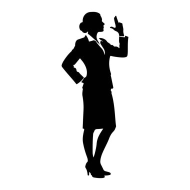 Takım elbiseli, etekli ve topuklu bir iş kadınının siyah silueti bir elinde kalçasında, diğer elinde iki parmağıyla yukarıya doğru uzanır. Saçları topuz şeklinde. Resim beyaz bir arkaplanda izole edilmiştir.