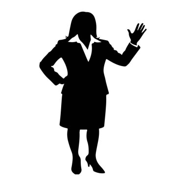Profesyonel iş kıyafeti giymiş siyah bir kadın silueti. O, bir eli kalçasında ve diğeri avuç içi açık bir şekilde ayakta duruyor ve parmakları el hareketi ya da selamlama gibi açık duruyor. Takım elbise, etek ve yüksek topuklu ayakkabı giyiyor. Beyaz.