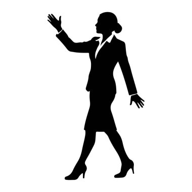 Profilde bir iş kadınının siyah silueti beyaz bir arkaplanda tasvir ediliyor. O, etekli ve yüksek topuklu bir takım elbise giyiyor. Sol kolu kalkık ve eli açık, sanki bir şey gösteriyor ya da işaret ediyor gibi. Sağ kolu bükülmüş.