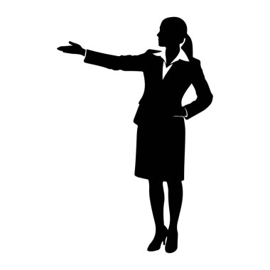 Bir iş kadınının siyah silueti sol kolu açık bir şekilde duruyor, sanki bir jest yapıyor ya da sunuyor gibi. O, etek, bluz ve yüksek topuklu resmi bir takım elbise giyiyor. Sağ eli kalçasına yerleştirilmiş. Siluet izole edilmiş.