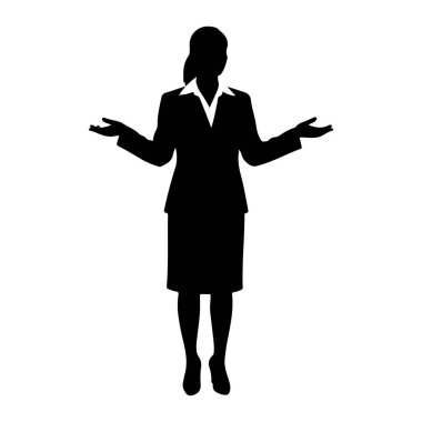 Profesyonel kıyafetli bir kadının siyah silueti kolları açık ve avuç içleri yukarı doğru bakıyor, sanki sunum yapıyor ya da sorguluyor gibi. O, görünür yakalı ve diz boyu etekli bir bluzun üzerine bir takım elbise giyer. Saçları çekilmiş.