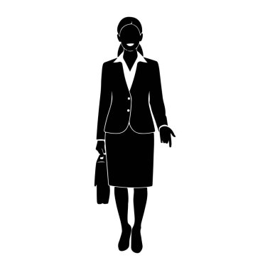 İş elbisesi giymiş siyah bir kadın silueti öne bakıyor. O bir ceket, etek ve yakalı gömlek giyer. Sol elinde bir evrak çantası tutuyor ve sağ işaret parmağı aşağıya bakıyor. Arkaplan düz beyaz.