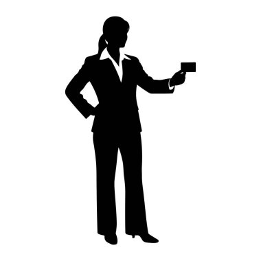 Takım elbiseli bir kadının siyah silueti bir eli kalçasında, diğeri ise küçük bir dikdörtgen kart tutarak uzanıyor. O, yakalı bir gömlek giyiyor ve saçını geri çektiriyor. Resim beyaz bir arkaplanda izole edilmiştir.