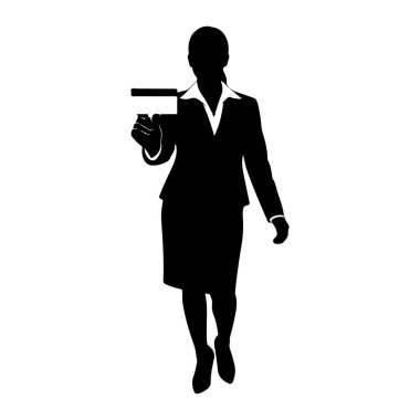 Bir iş kadınının siyah silueti, sağ elinde küçük bir dikdörtgen kart tutarak öne doğru bakıyor. O, ceketli resmi bir takım elbise, görünür yakalı bir bluz ve yüksek topuklu bir etek giyiyor. Arka plan çok açık.