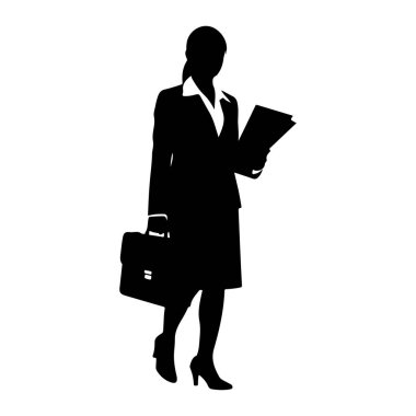 Profesyonel kıyafetli bir kadının siyah silueti beyaz bir arkaplanda duruyor. Takım elbise, bluz ve topuklu ayakkabı giyiyor. Sol elinde bir evrak çantası, sağ elinde ise bir yığın doküman var. Saçları çekik.